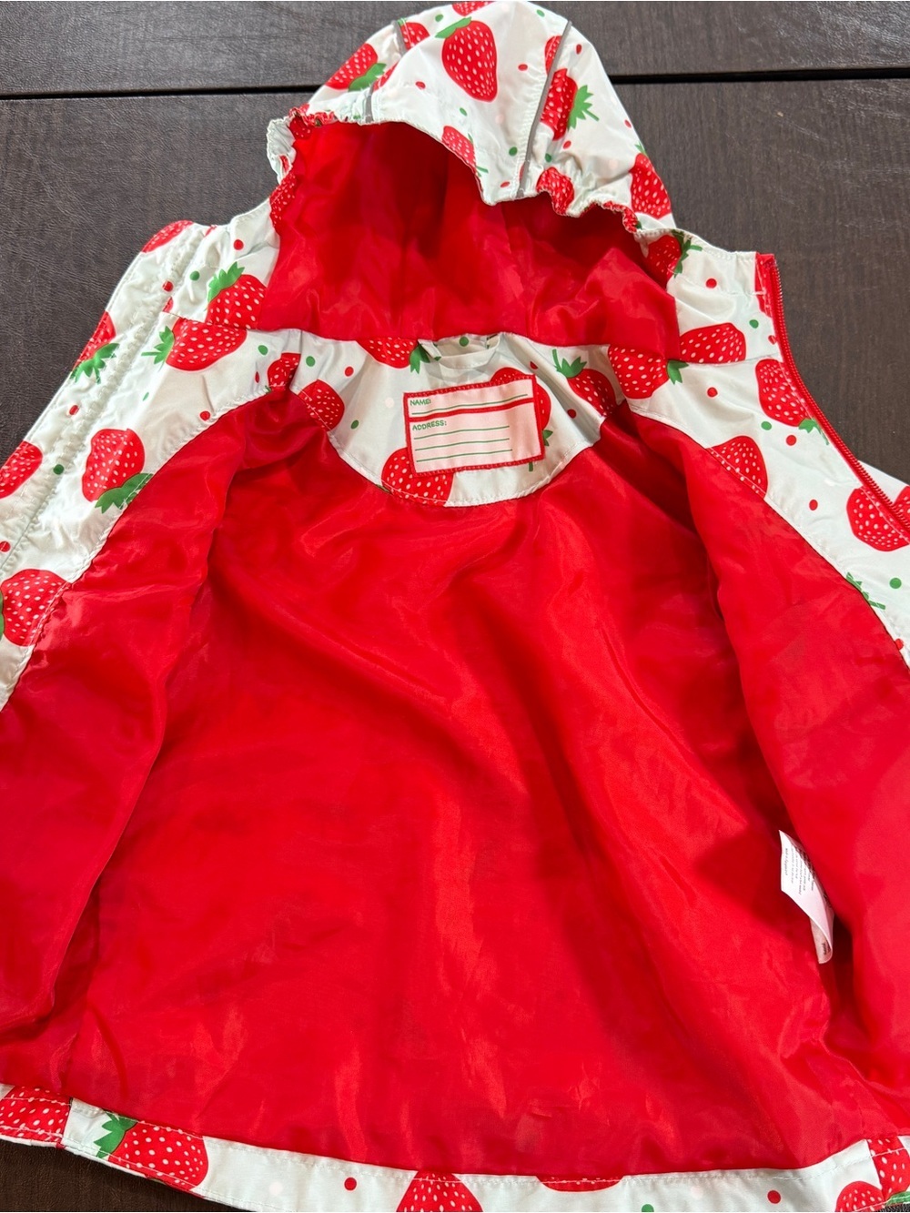 Lily & Dan Girls' Strawberry Print Hooded Rain Jacket - Red & Blue Sz 3T - Picture 4 of 6